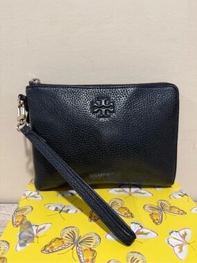 Tory Burch Black Pebbled Leather Wristlet Clutch with Logo